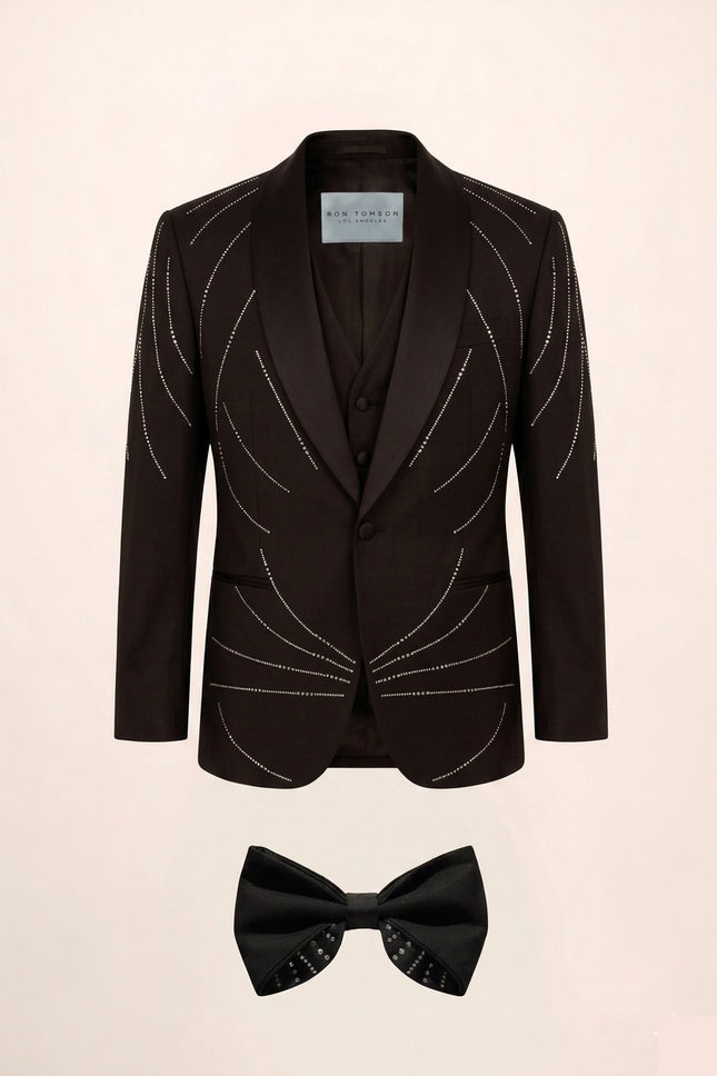Crystal shawl lapel tuxedo set with vest and bow tie in black - Ron Tomson