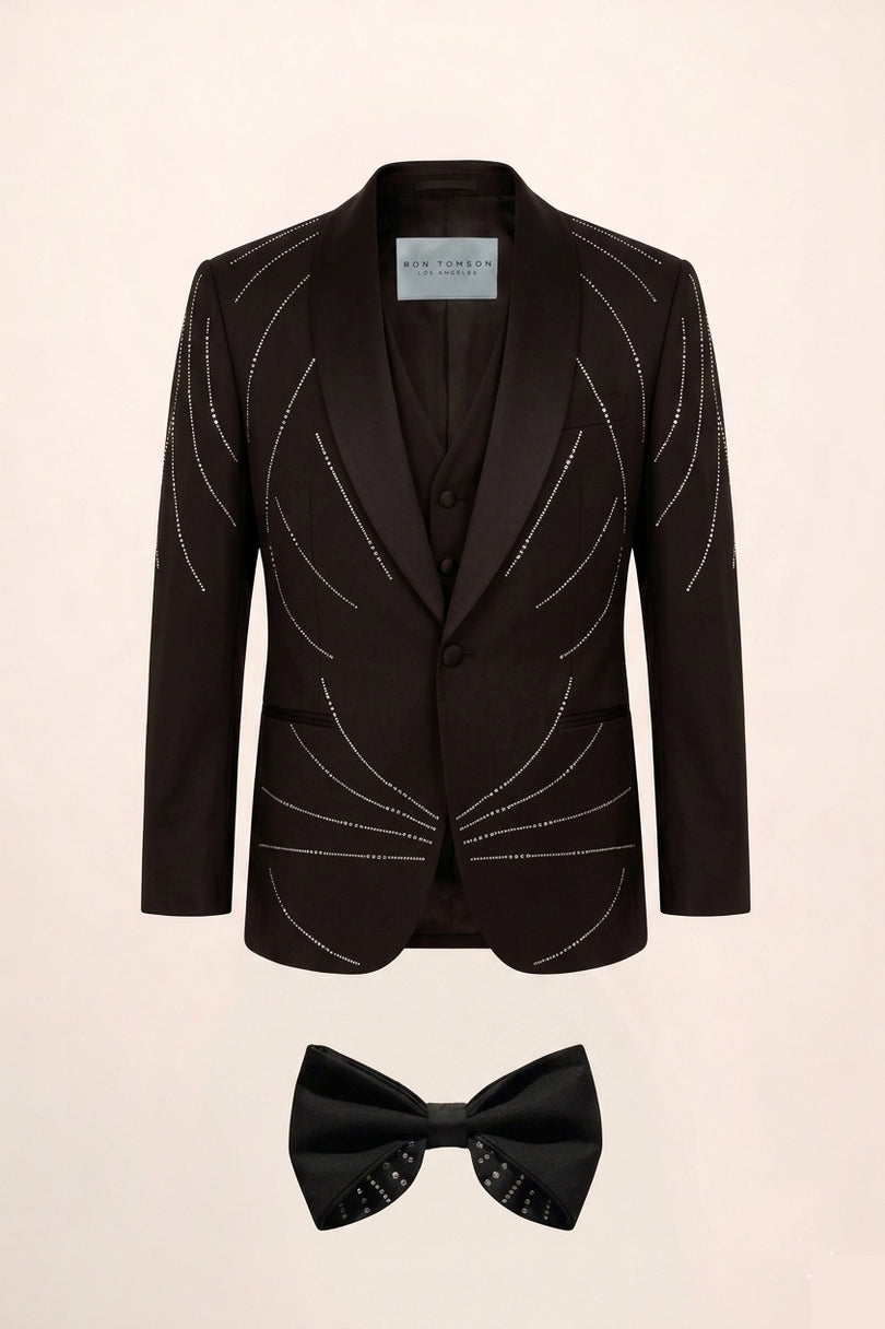 Crystal shawl lapel tuxedo set with vest and bow tie in black - Ron Tomson