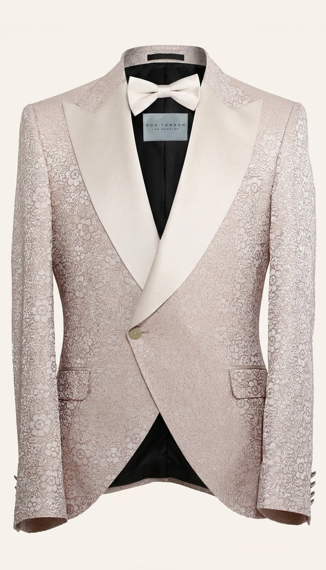 Shimmer Brocade Peak Tuxedo Set - Beige with asymmetrical closure