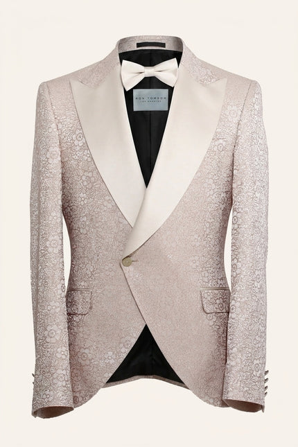 Shimmer Brocade Peak Tuxedo Set - Beige with asymmetrical closure