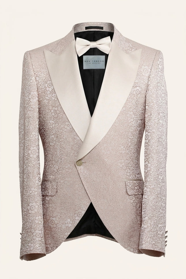 Shimmer Brocade Peak Tuxedo Set - Beige with asymmetrical closure