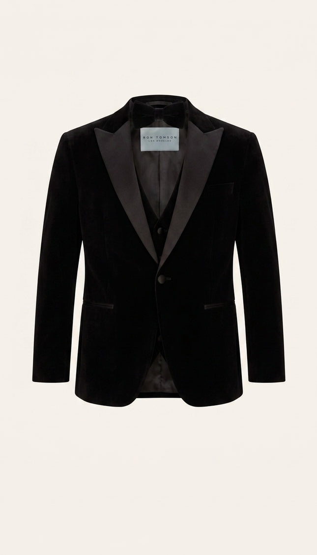Peak Lapel Velvet Tuxedo Jacket - Black with bow tie