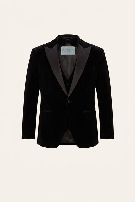 Peak Lapel Velvet Tuxedo Jacket - Black with bow tie