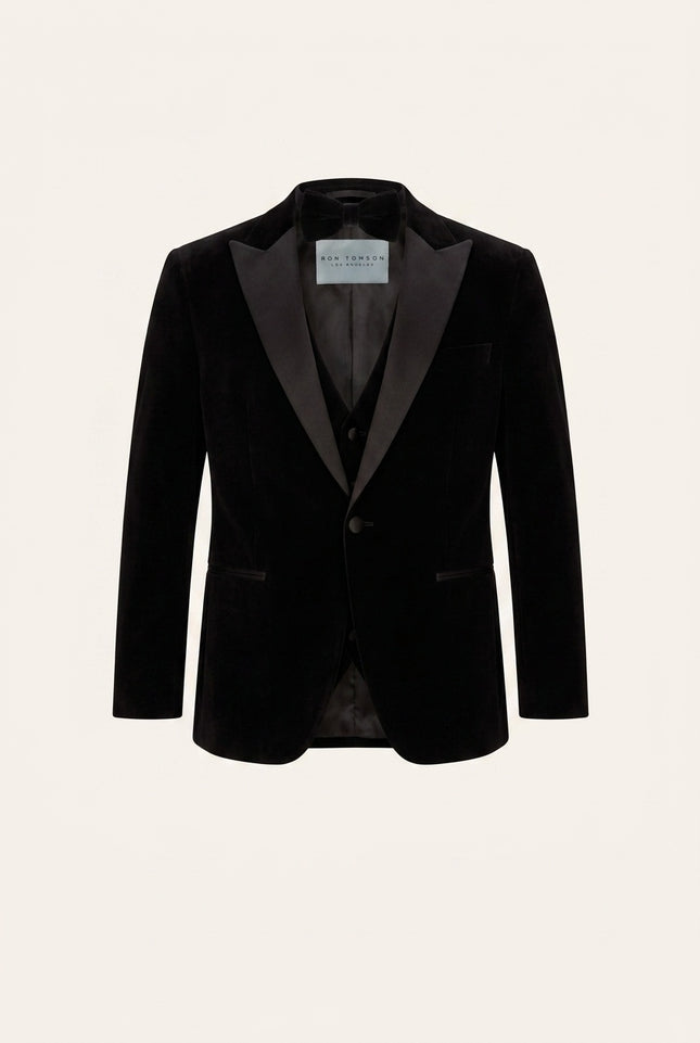 Peak Lapel Velvet Tuxedo Jacket - Black with bow tie