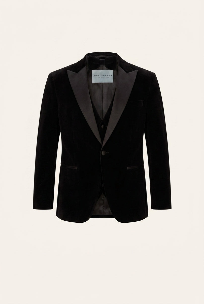 Peak Lapel Velvet Tuxedo Jacket - Black with bow tie