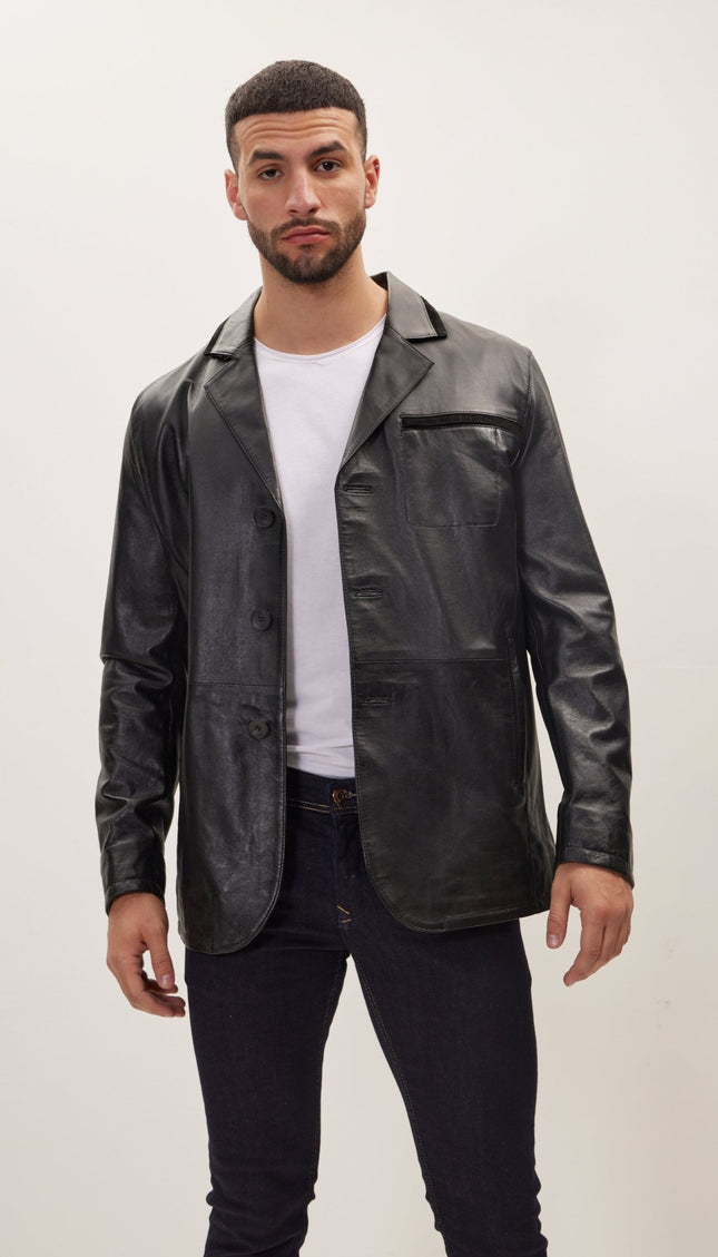 S- Classic -Button Leather Blazer With Side Pockets - Black - Ron Tomson