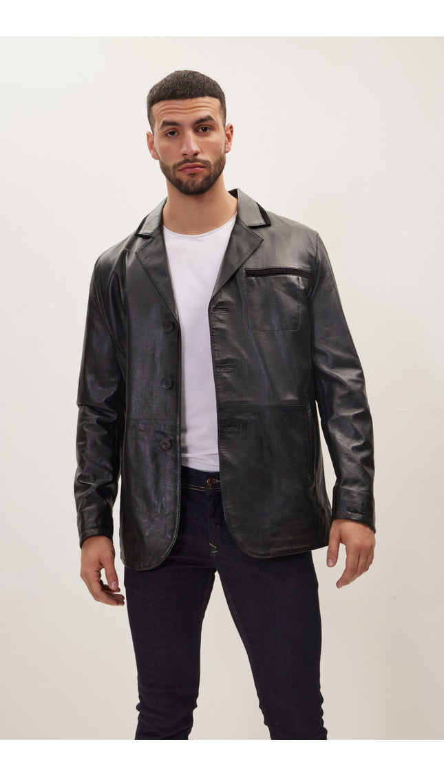 S- Classic -Button Leather Blazer With Side Pockets - Black - Ron Tomson