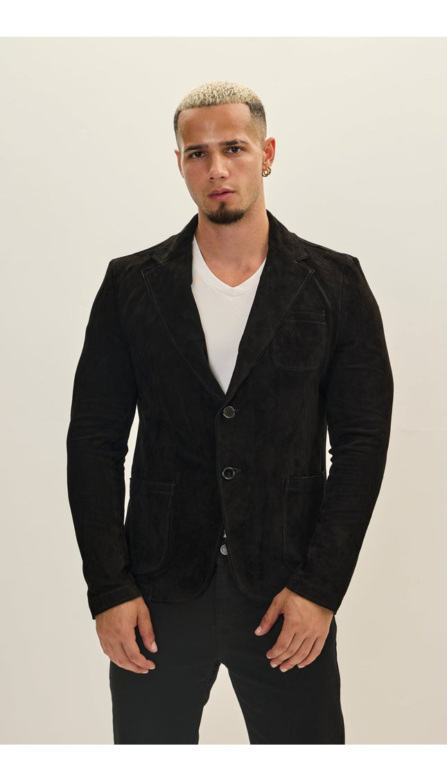 S - Classic - Button Leather Blazer With Side Pockets - Black - Ron Tomson