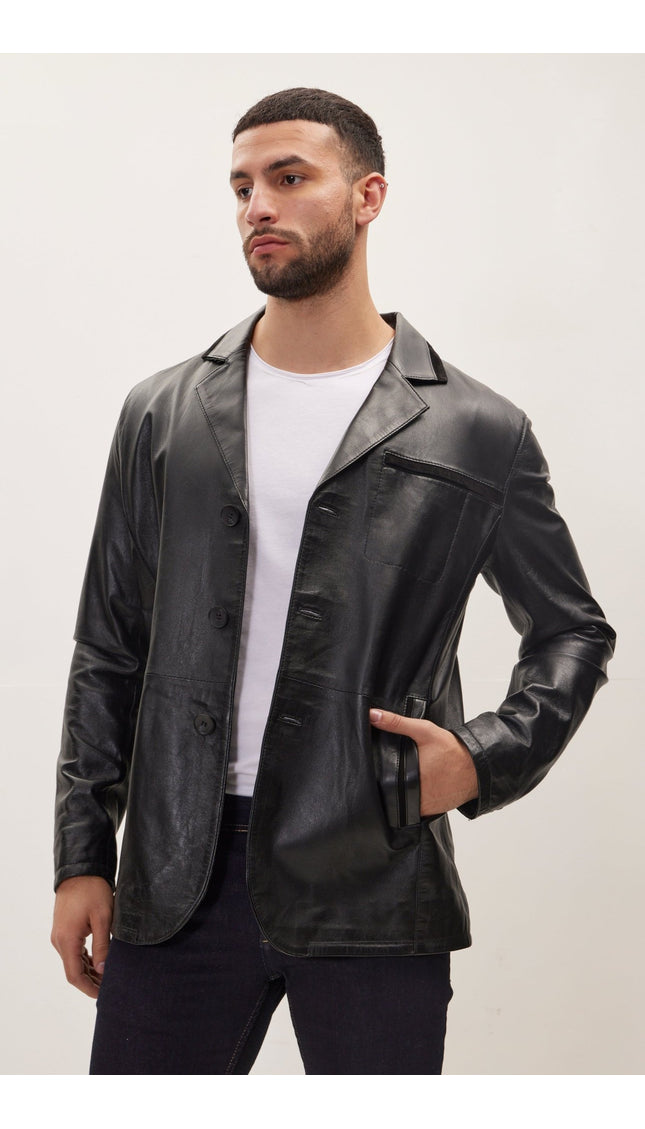 S- Classic -Button Leather Blazer With Side Pockets - Black - Ron Tomson