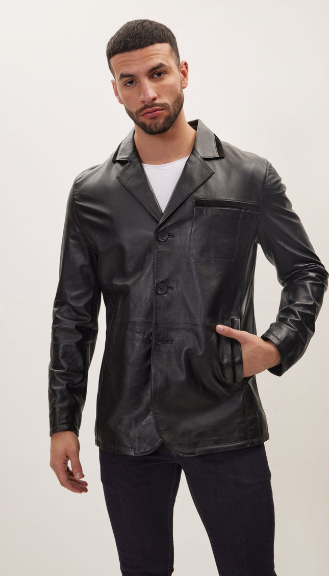 S- Classic -Button Leather Blazer With Side Pockets - Black - Ron Tomson
