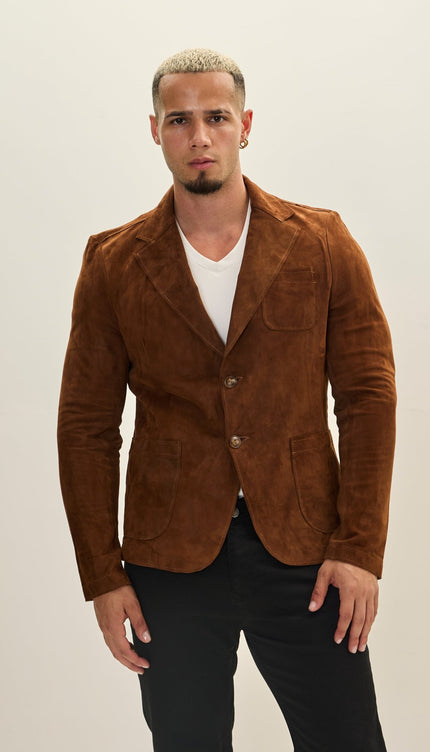 S - Classic - Button Leather Blazer With Side Pockets - Brown - Ron Tomson