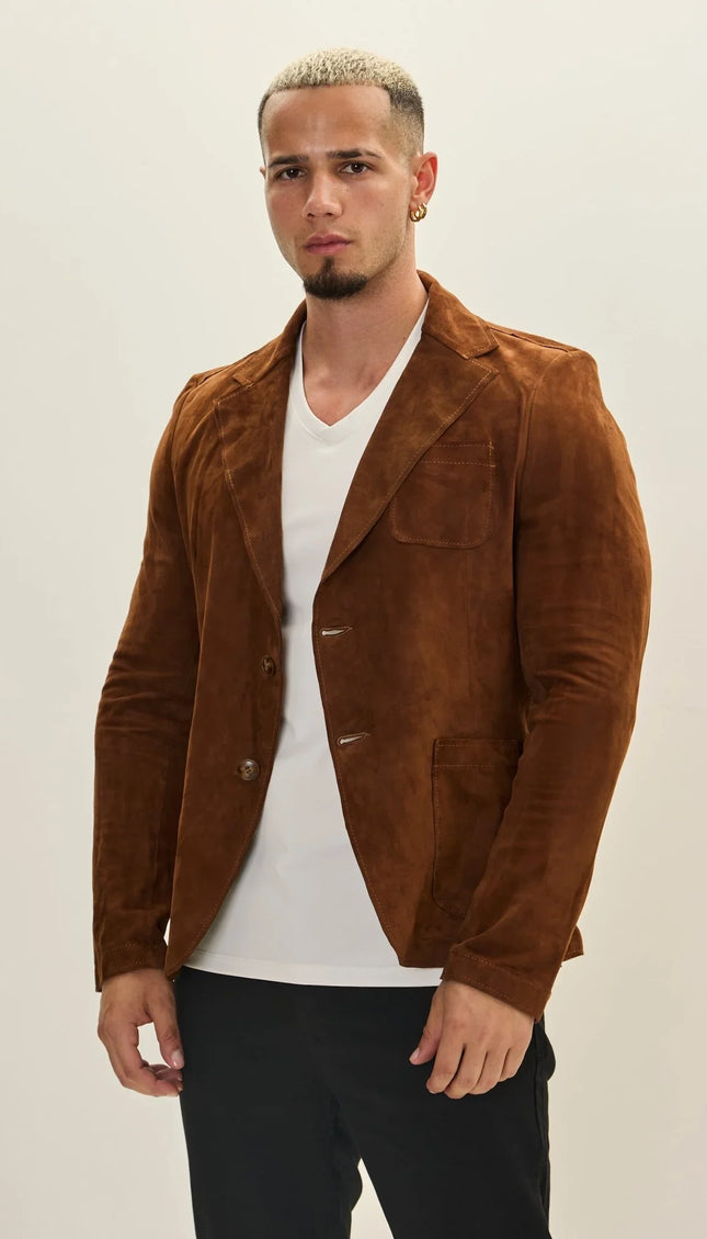 S - Classic - Button Leather Blazer With Side Pockets - Brown - Ron Tomson