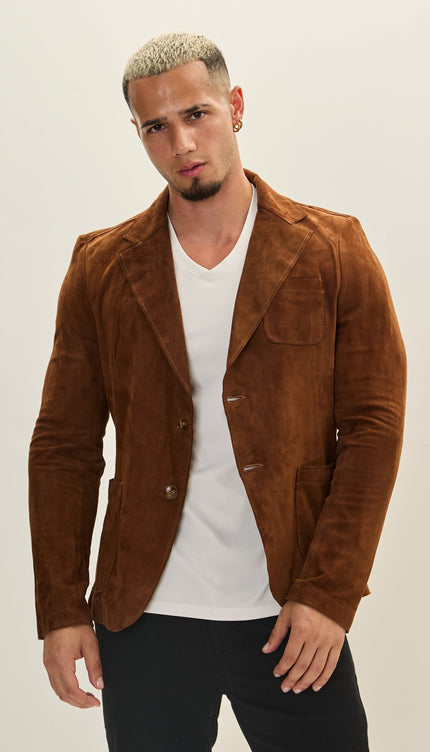 S - Classic - Button Leather Blazer With Side Pockets - Brown - Ron Tomson
