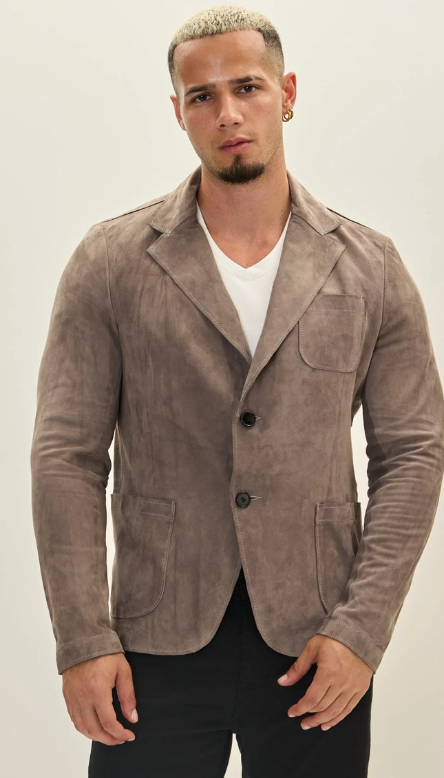 S - Classic - Button Leather Blazer With Side Pockets - Grey - Ron Tomson