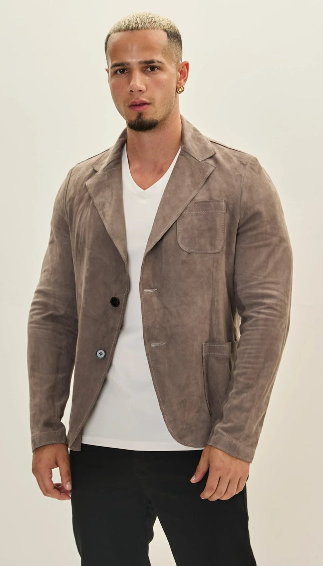 S - Classic - Button Leather Blazer With Side Pockets - Grey - Ron Tomson