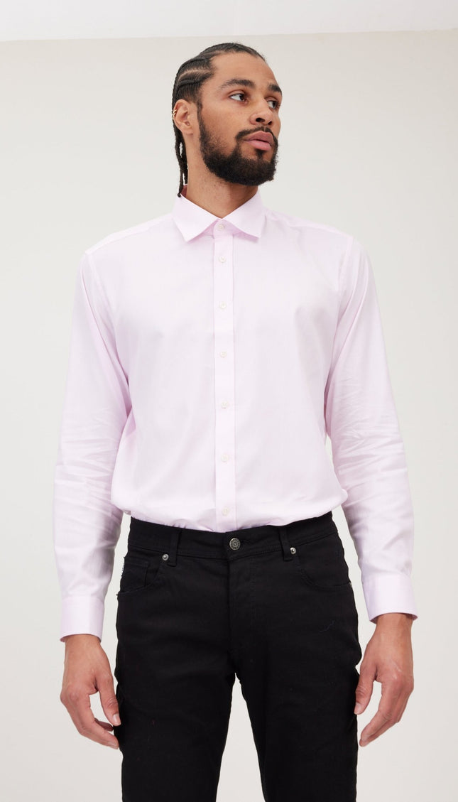 S Single-Ply Oxford Cotton Spread Collar Dress Shirt With Convertible Cuff - Light Pink - Ron Tomson