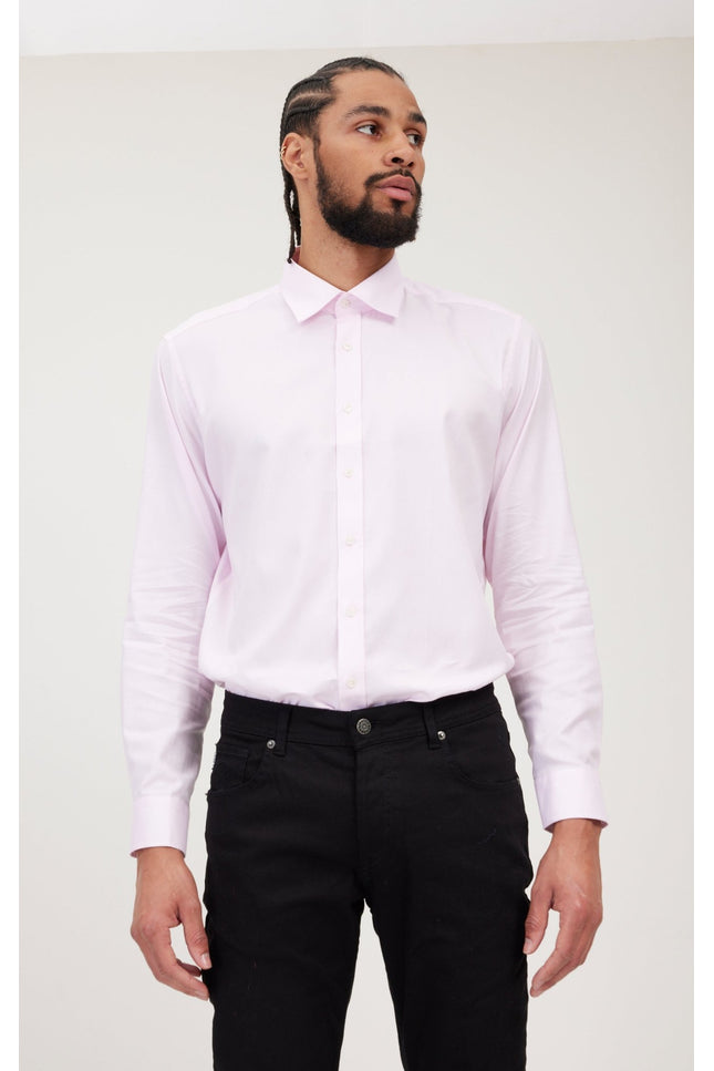 S Single-Ply Oxford Cotton Spread Collar Dress Shirt With Convertible Cuff - Light Pink - Ron Tomson