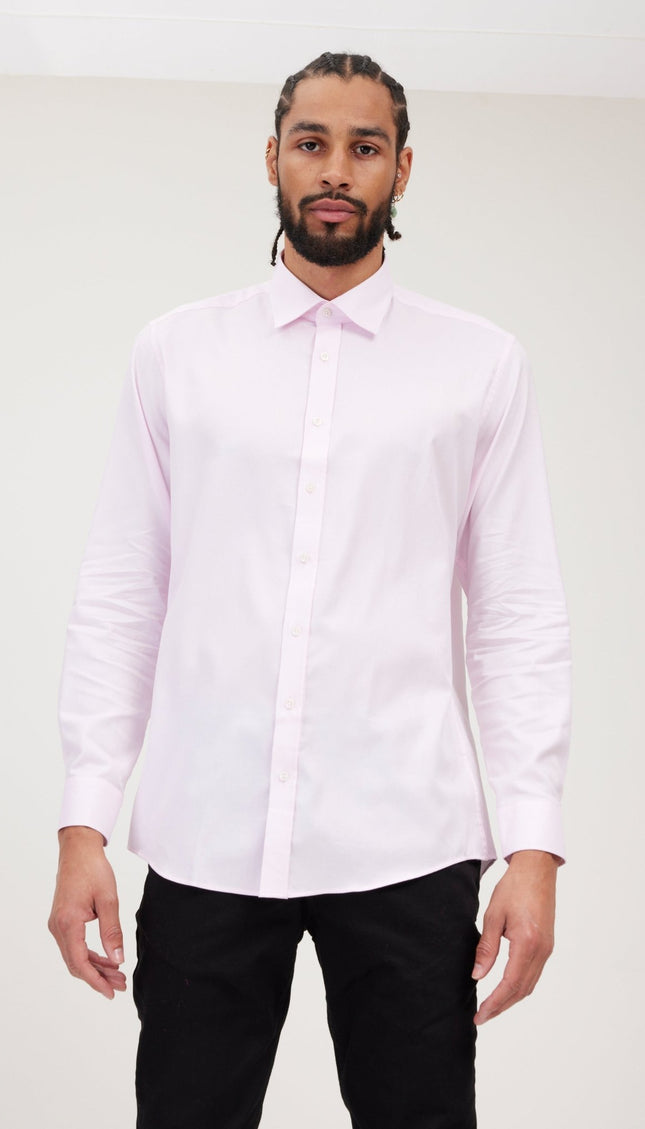 S Single-Ply Oxford Cotton Spread Collar Dress Shirt With Convertible Cuff - Light Pink - Ron Tomson