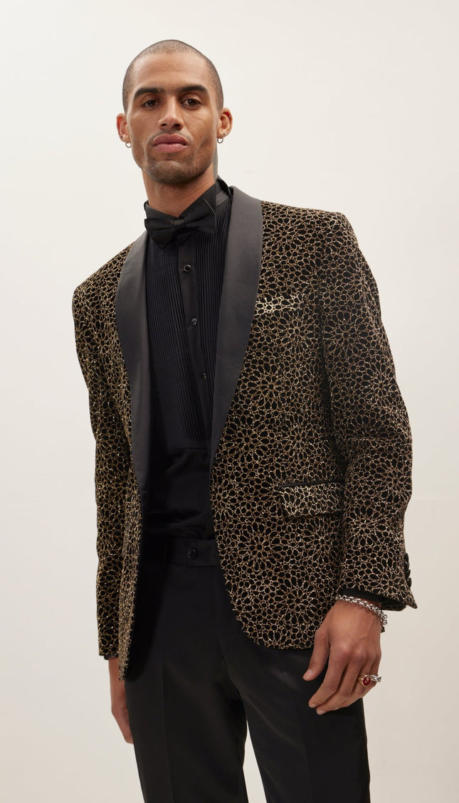 Sacred Geometry Infinity Pattern Shawl Lapel Tuxedo Jacket - Black Gold - Ron Tomson