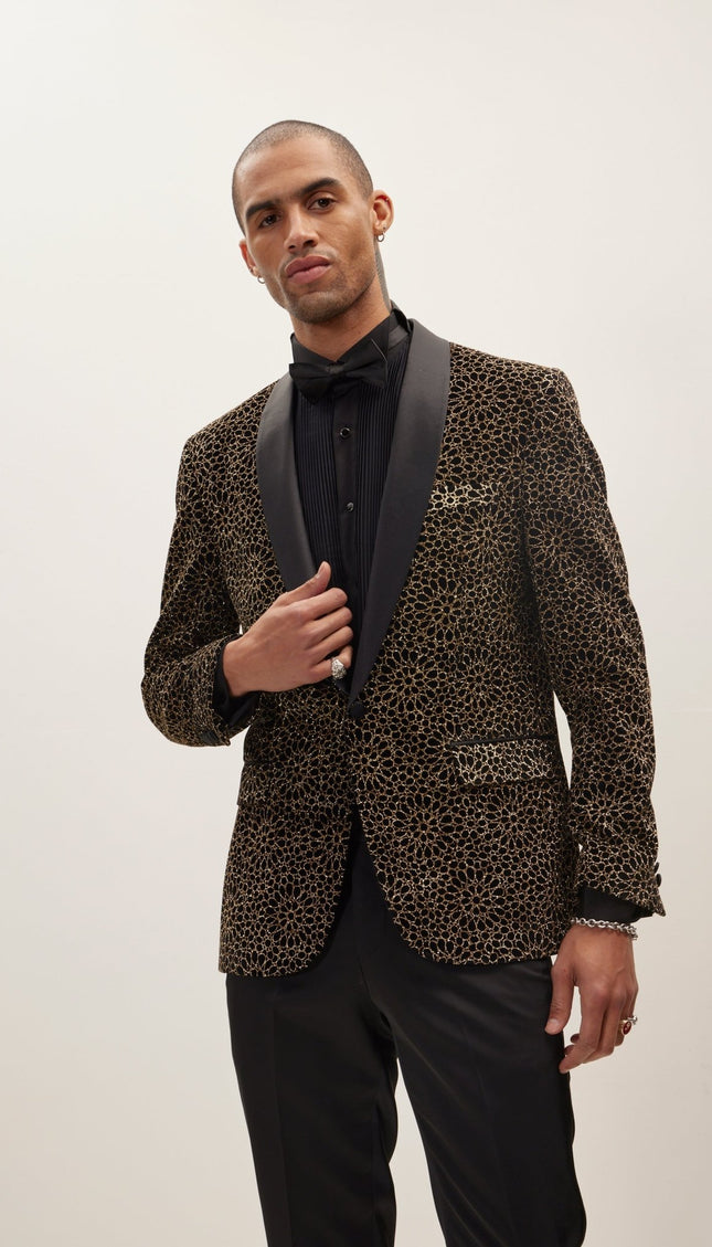 Sacred Geometry Infinity Pattern Shawl Lapel Tuxedo Jacket - Black Gold - Ron Tomson