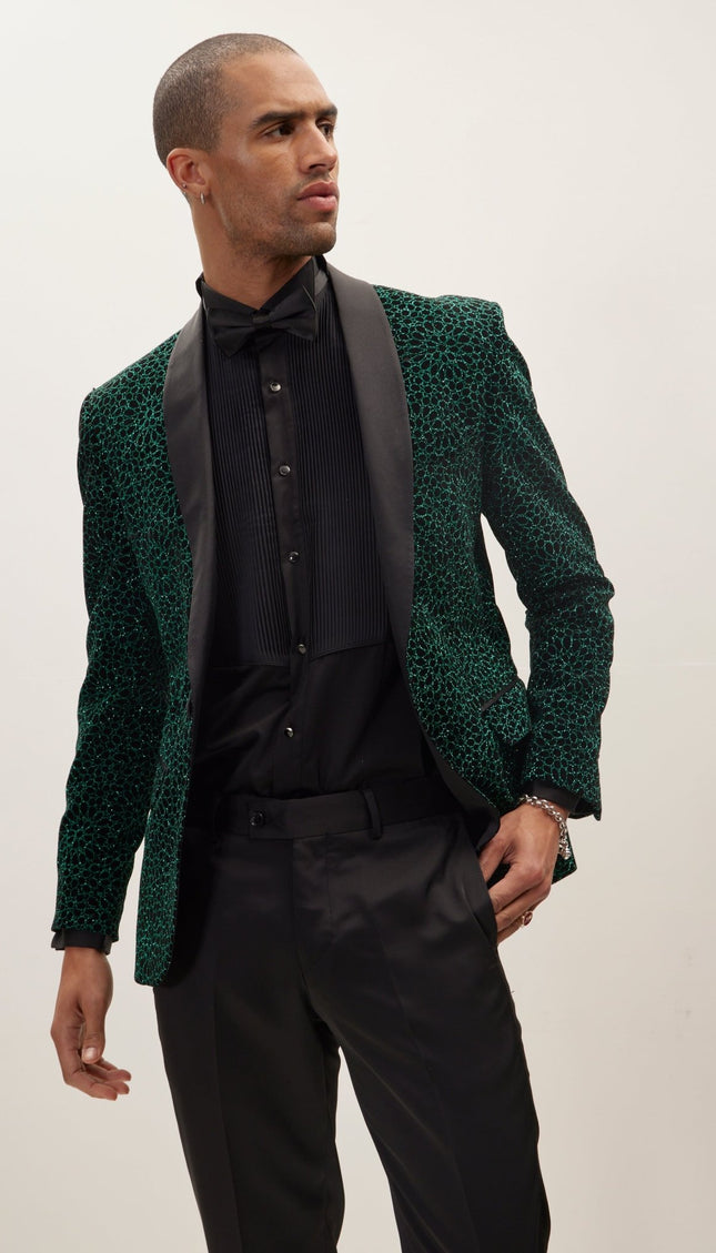 Sacred Geometry Infinity Pattern Shawl Lapel Tuxedo Jacket - Black Green - Ron Tomson