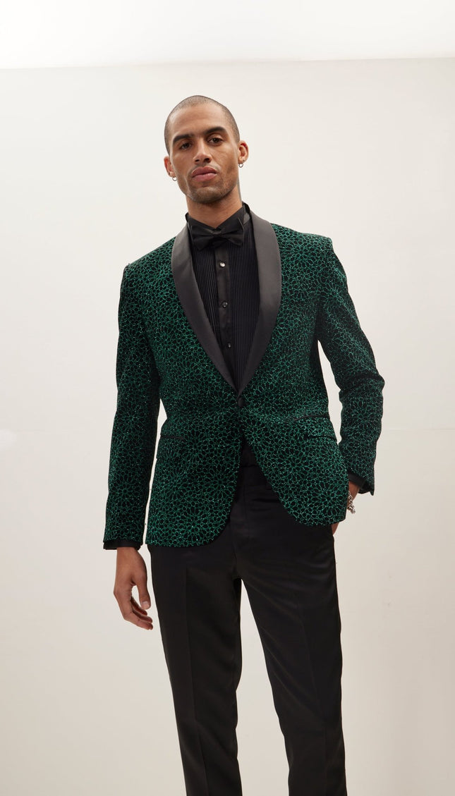Sacred Geometry Infinity Pattern Shawl Lapel Tuxedo Jacket - Black Green - Ron Tomson
