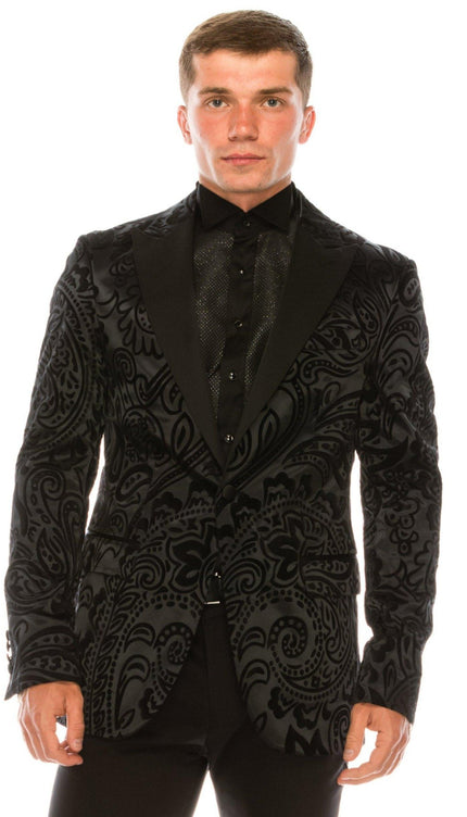 Salvatore Floral Velvet Tuxedo Jacket - Jet Black - Ron Tomson