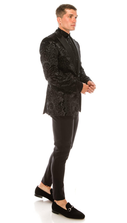 Salvatore Floral Velvet Tuxedo Jacket - Jet Black - Ron Tomson