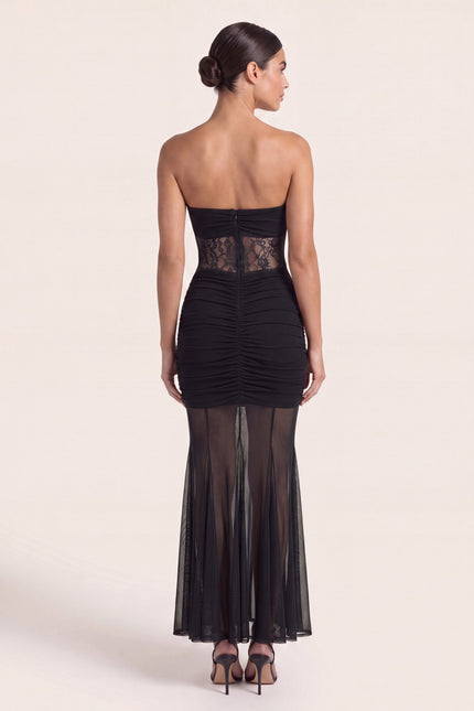 Ruched Lace Maxi Dress - Black - back view