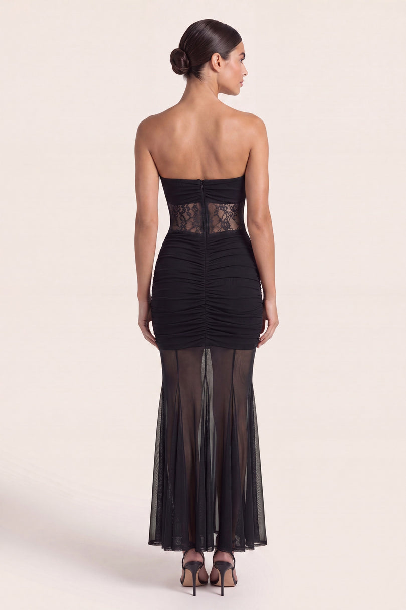 Ruched Lace Maxi Dress - Black - back view
