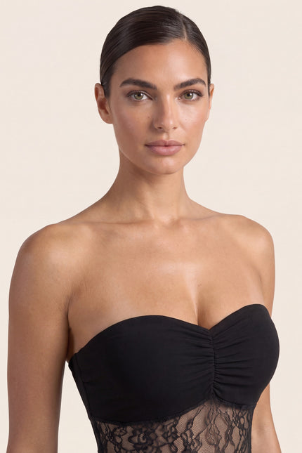 Ruched Lace Maxi Dress - Black - macro view