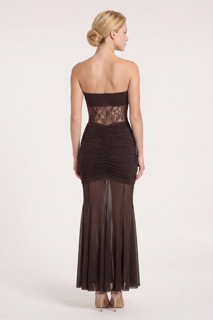 Ruched Lace Maxi Dress - Brown - back view