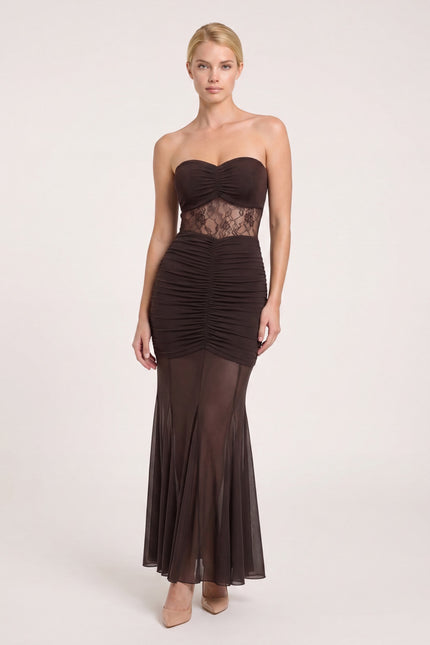 Ruched Lace Maxi Dress - Brown - front view