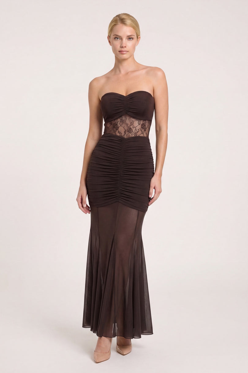 Ruched Lace Maxi Dress - Brown - front view