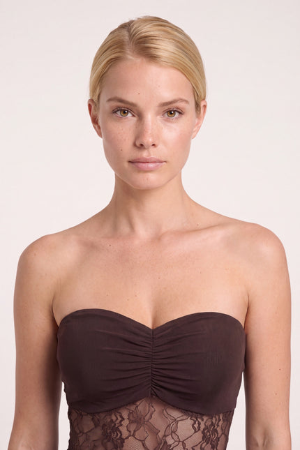 Ruched Lace Maxi Dress - Brown - macro view