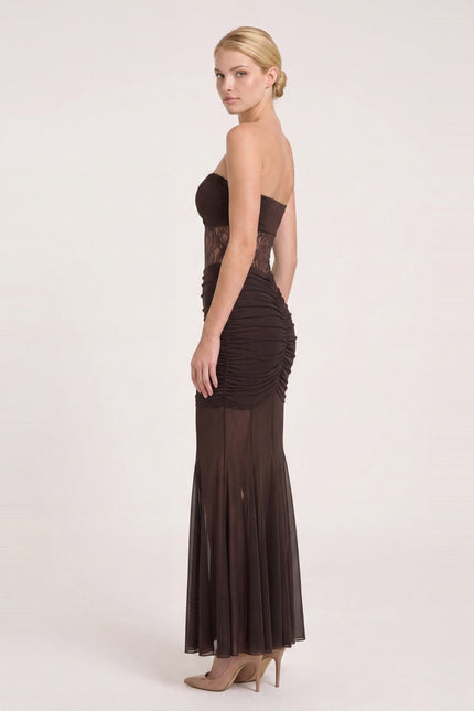 Ruched Lace Maxi Dress - Brown - side view