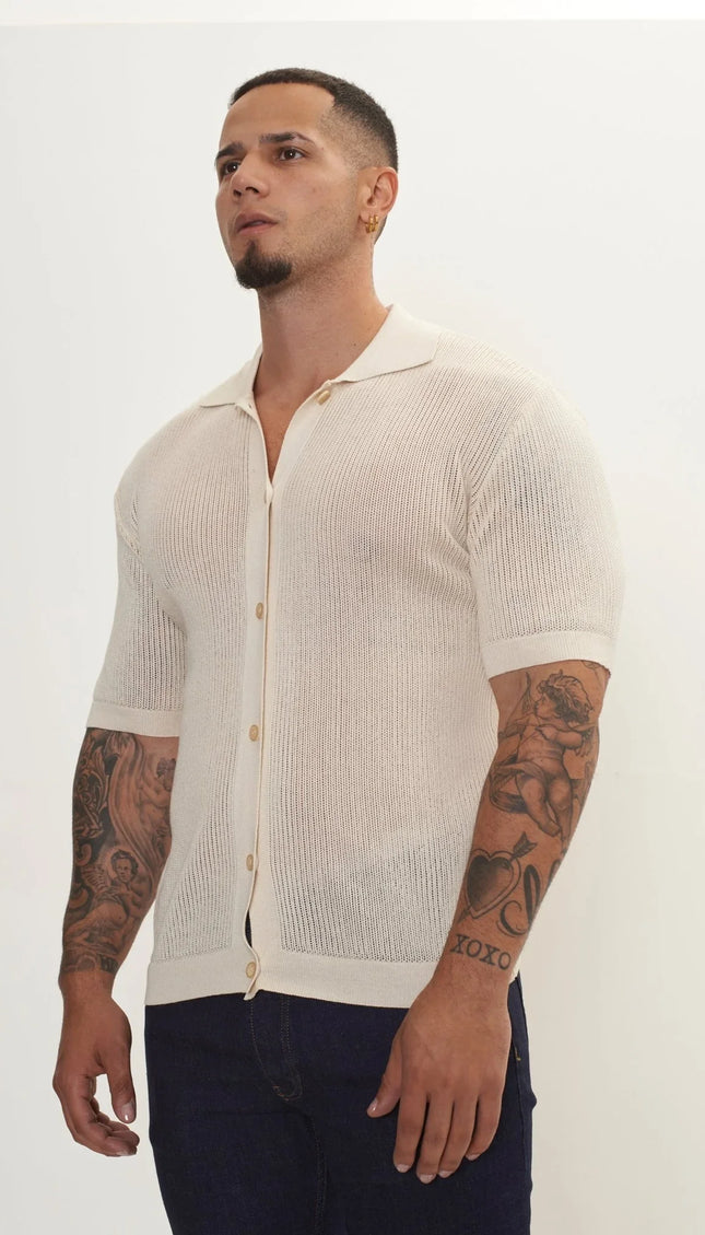 See Through Button Down Mesh Top - Beige - Ron Tomson