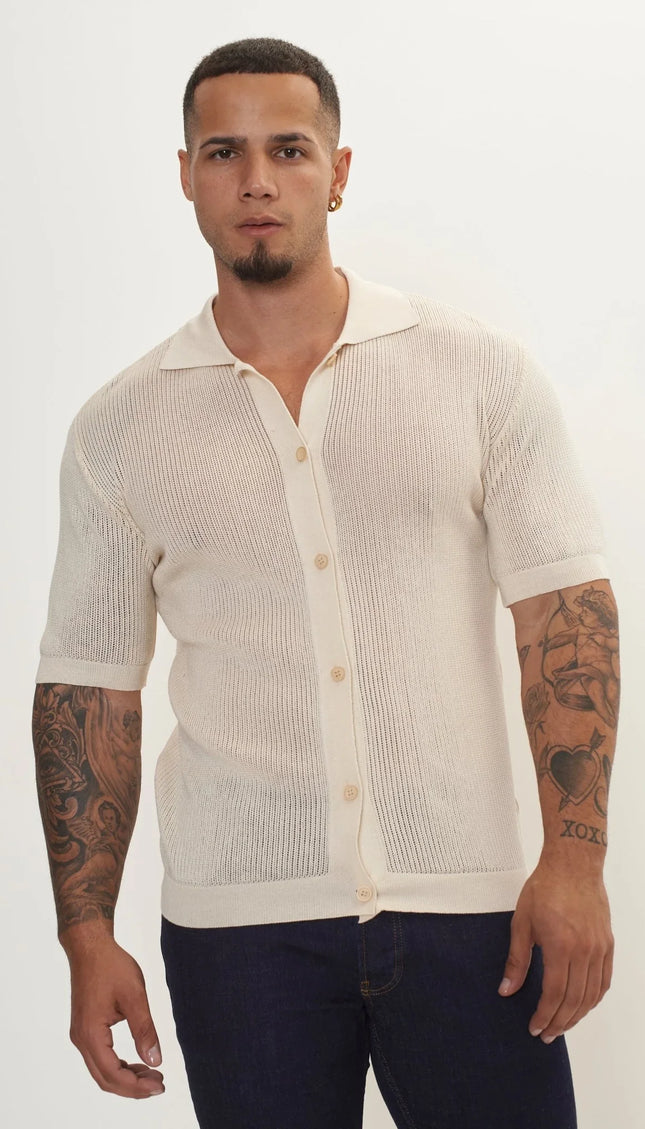 See Through Button Down Mesh Top - Beige - Ron Tomson