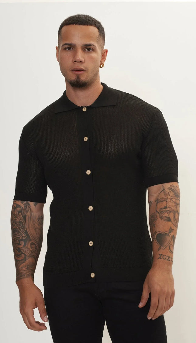 See Through Button Down Mesh Top - Black - Ron Tomson
