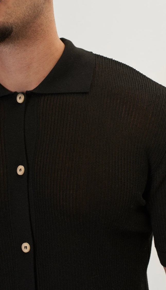 See Through Button Down Mesh Top - Black - Ron Tomson