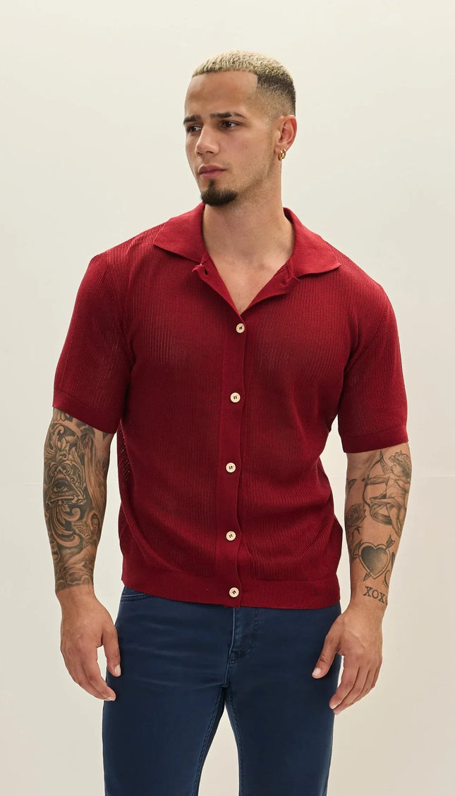 See Through Button Down Mesh Top - Burgundy - Ron Tomson