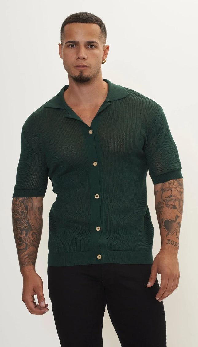 See Through Button Down Mesh Top - Green - Ron Tomson