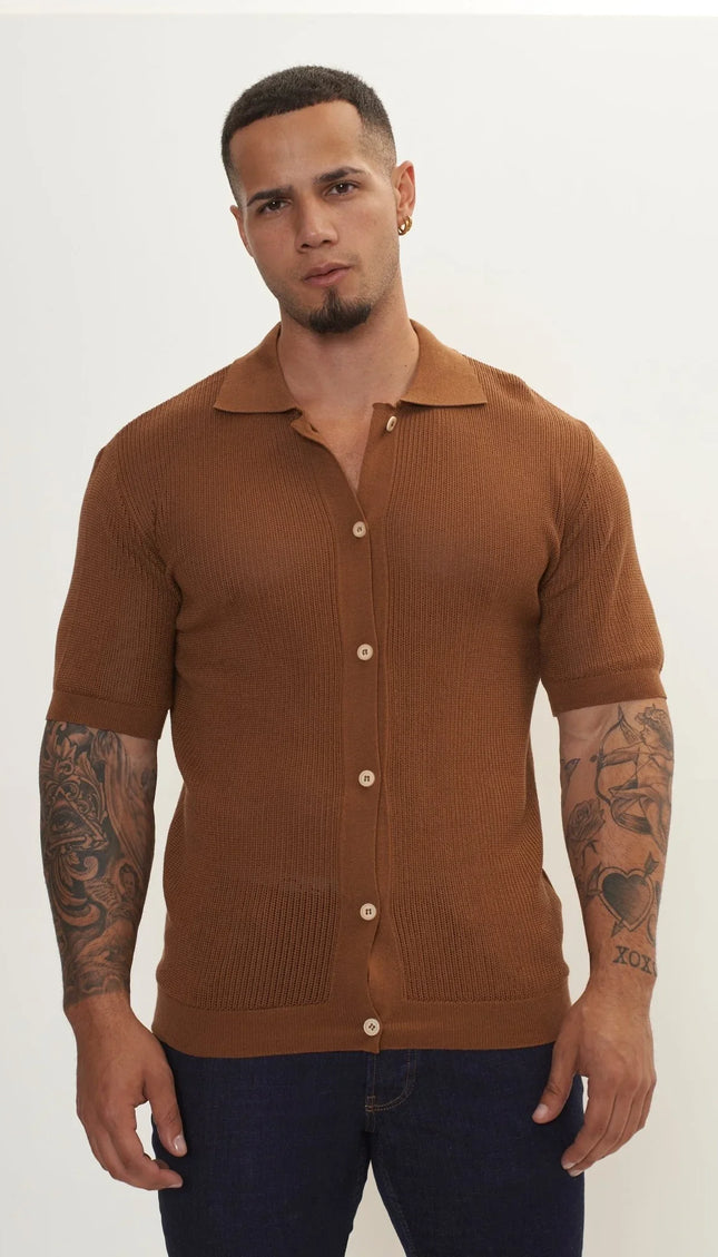 See Through Button Down Mesh Top - Light Brown - Ron Tomson