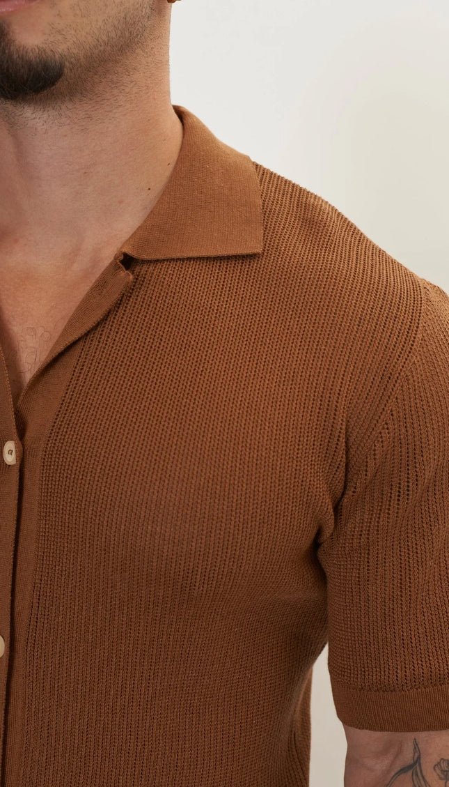 See Through Button Down Mesh Top - Light Brown - Ron Tomson