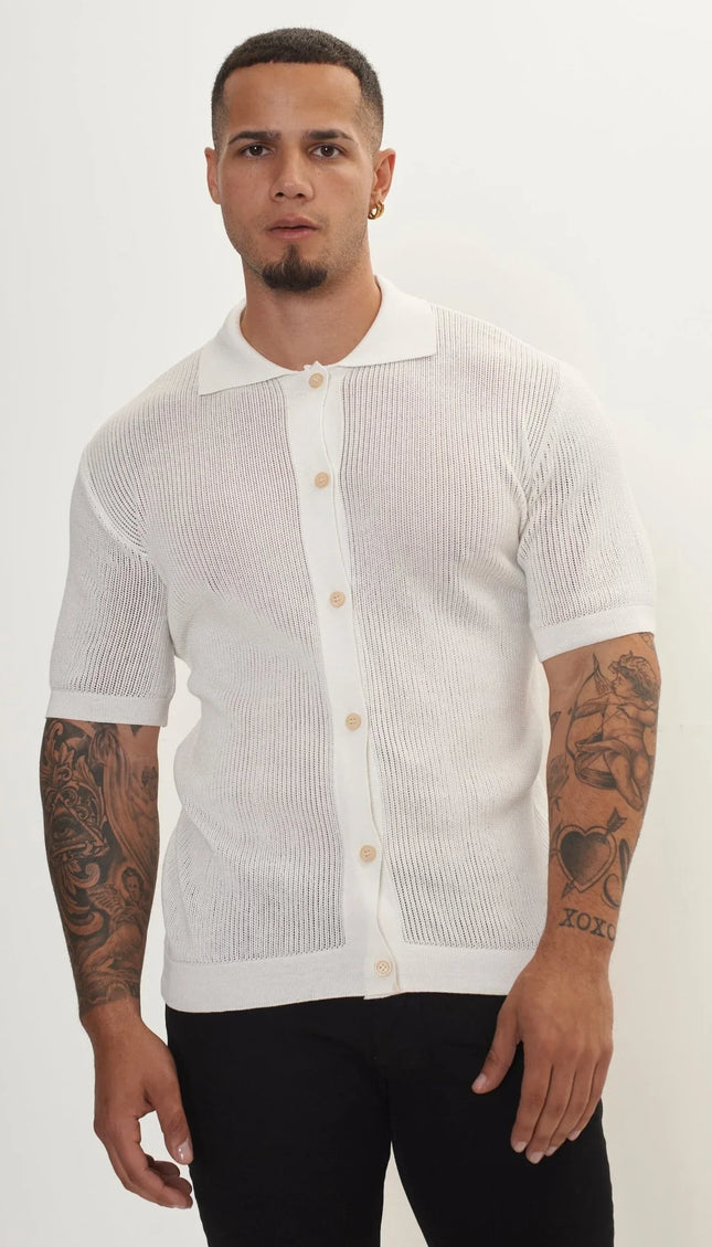 See Through Button Down Mesh Top - Off White - Ron Tomson