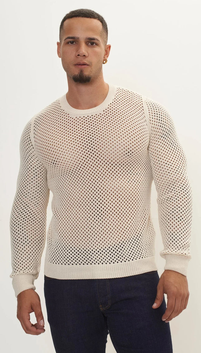 See Through Fishnet Muscle Fit Shirt - Beige - Ron Tomson