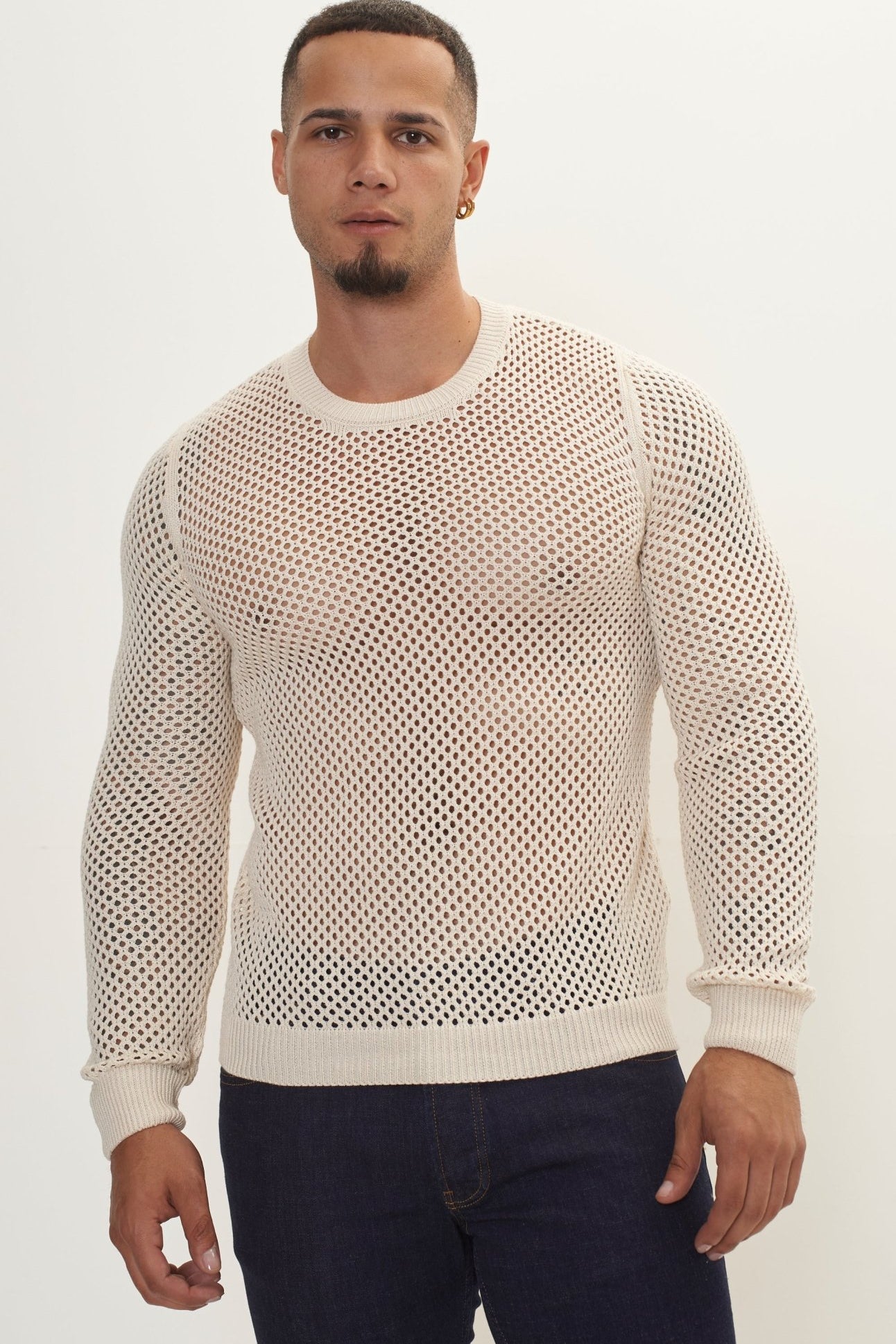 See Through Fishnet Muscle Fit Shirt - Beige - Ron Tomson