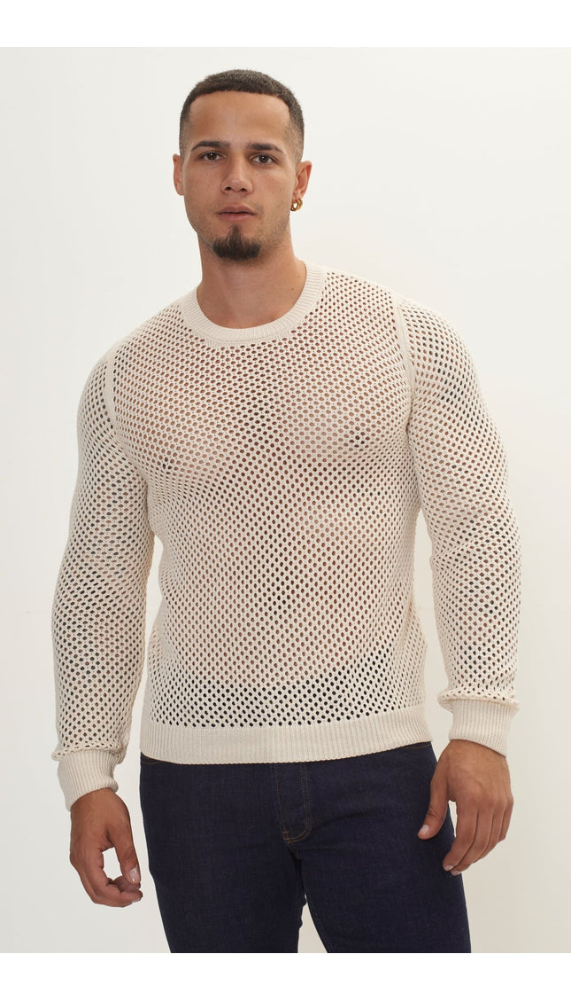 See Through Fishnet Muscle Fit Shirt - Beige - Ron Tomson