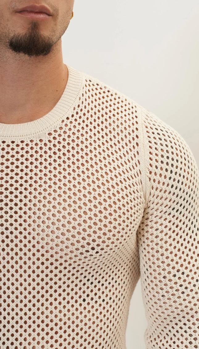 See Through Fishnet Muscle Fit Shirt - Beige - Ron Tomson