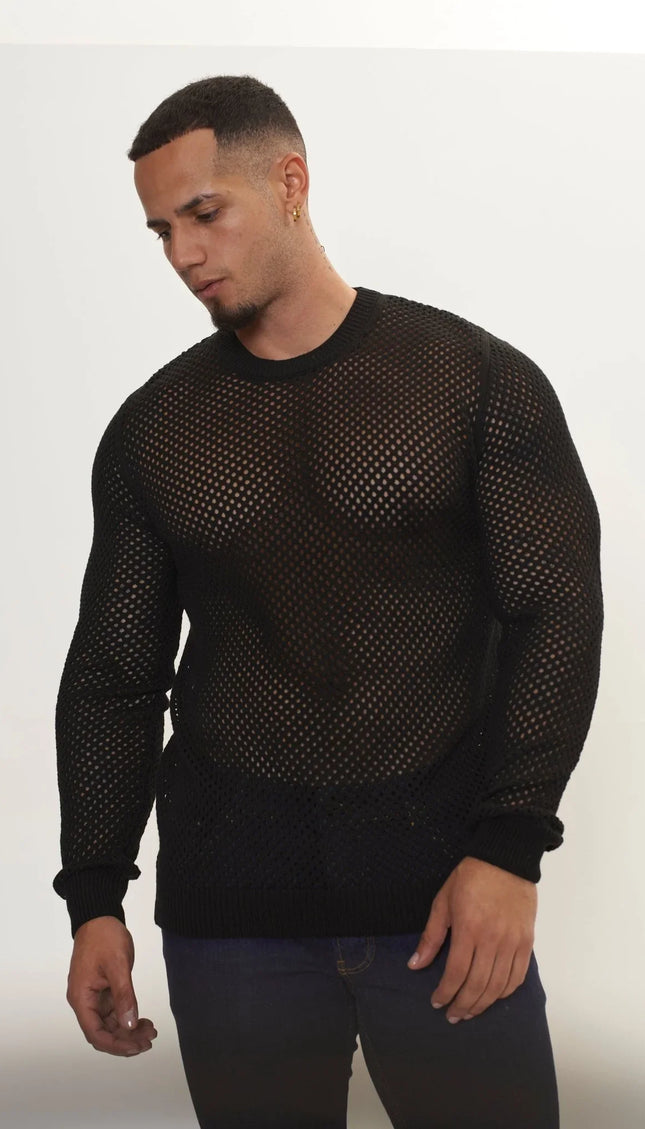 See Through Fishnet Muscle Fit Shirt - Black - Ron Tomson